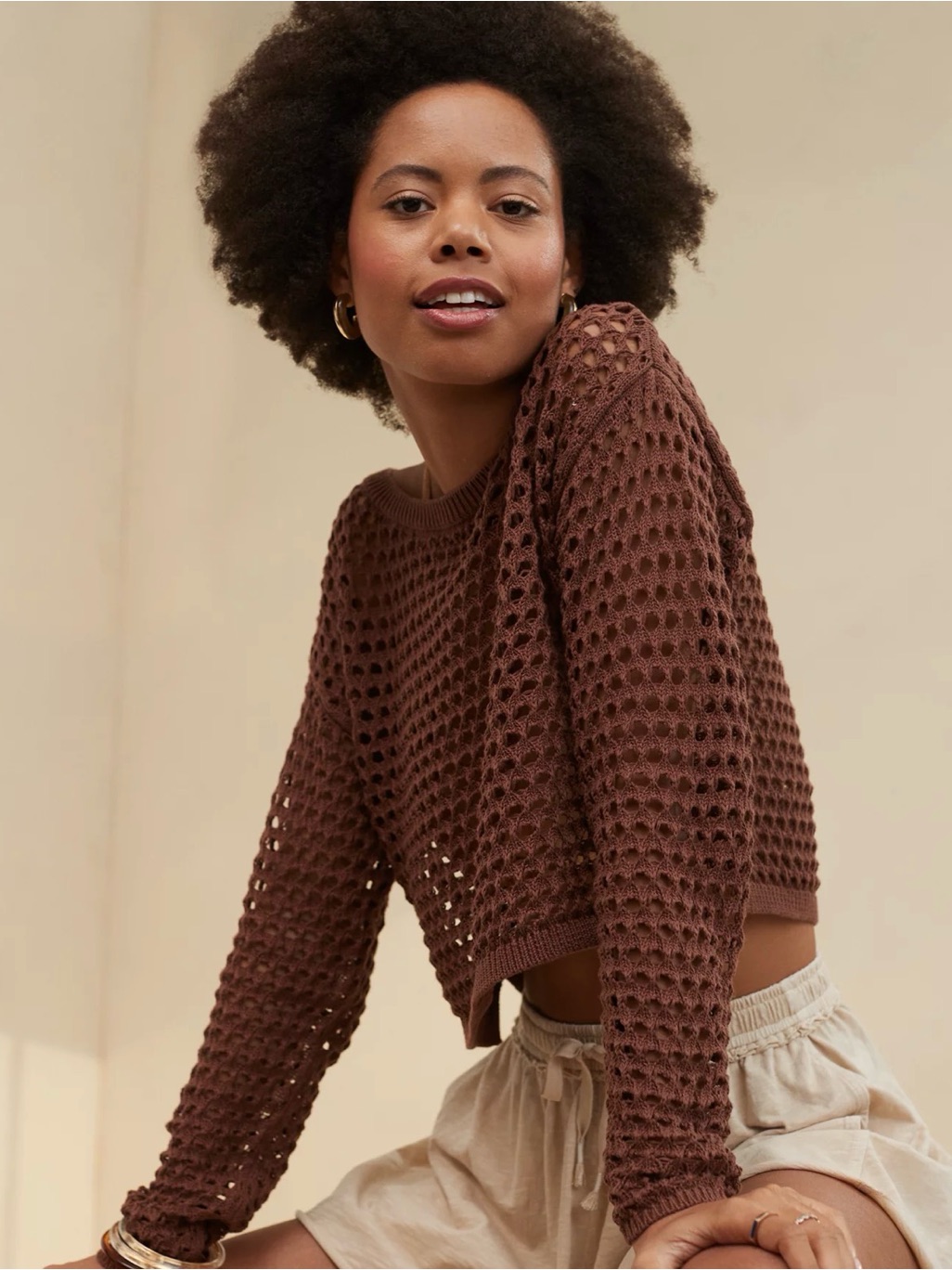 Aerie Brown Boho Crochet Vacay Crop Cover Up Sweater Size Xs